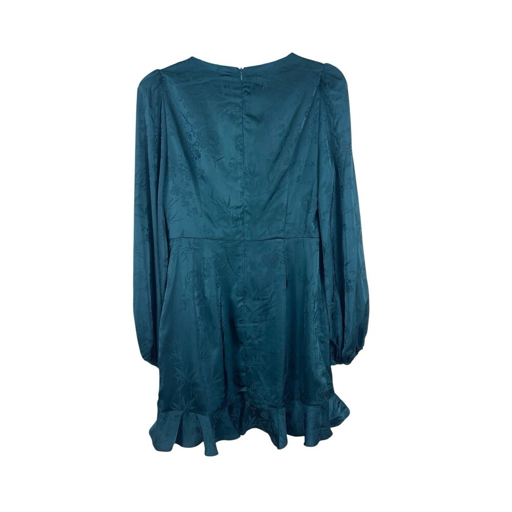 ASTR Teal Blue Satin Dress M Long Sleeve Keyholes M Puff Sleeves Twist Bust - Picture 3 of 13